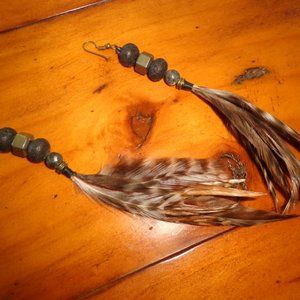 Brand New Boho Artisan Pierced Earrings Real Feathers Pyrite Lava Stone